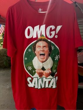 ELF Red Holiday Graphic Tee with Green and White Print